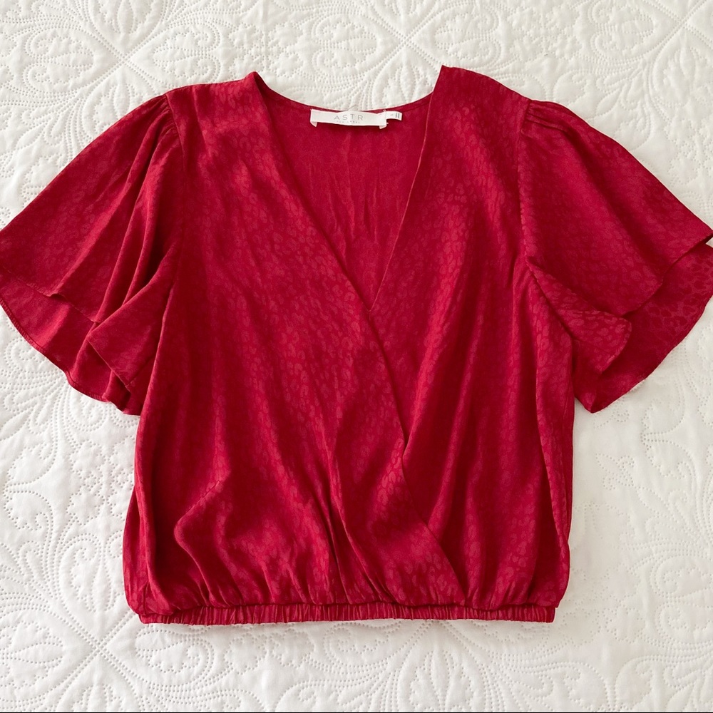 EUC ASTR the Label Red Satin Leopard Wrap Top Blouse Size Small S